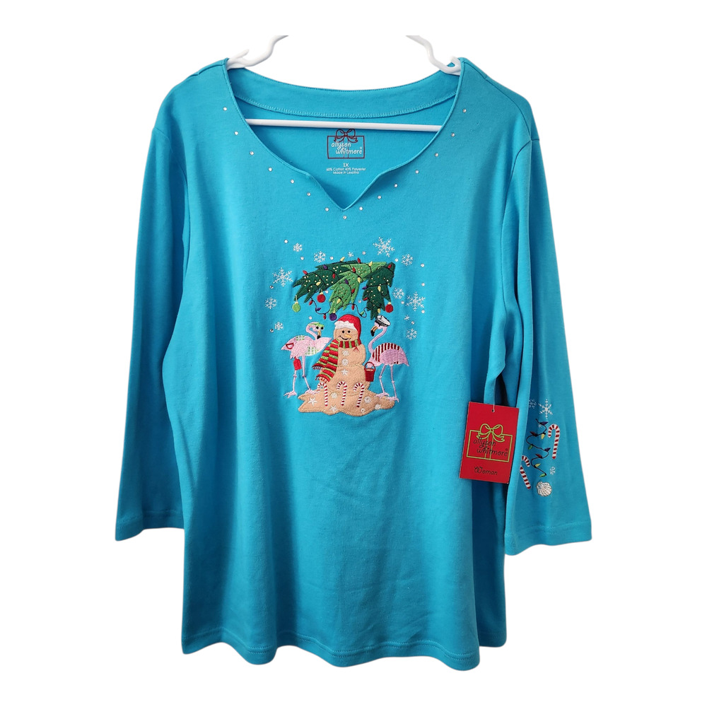 Allyson Whitmore Christmas Embroidered Long Sleeve Tee 1X Holiday Festive‎
